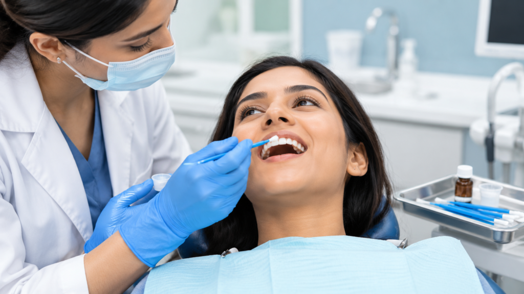 Dentist applying fluoride treatment to protect teeth from cavities
