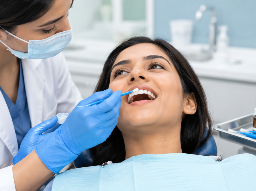 Dentist applying fluoride treatment to protect teeth from cavities