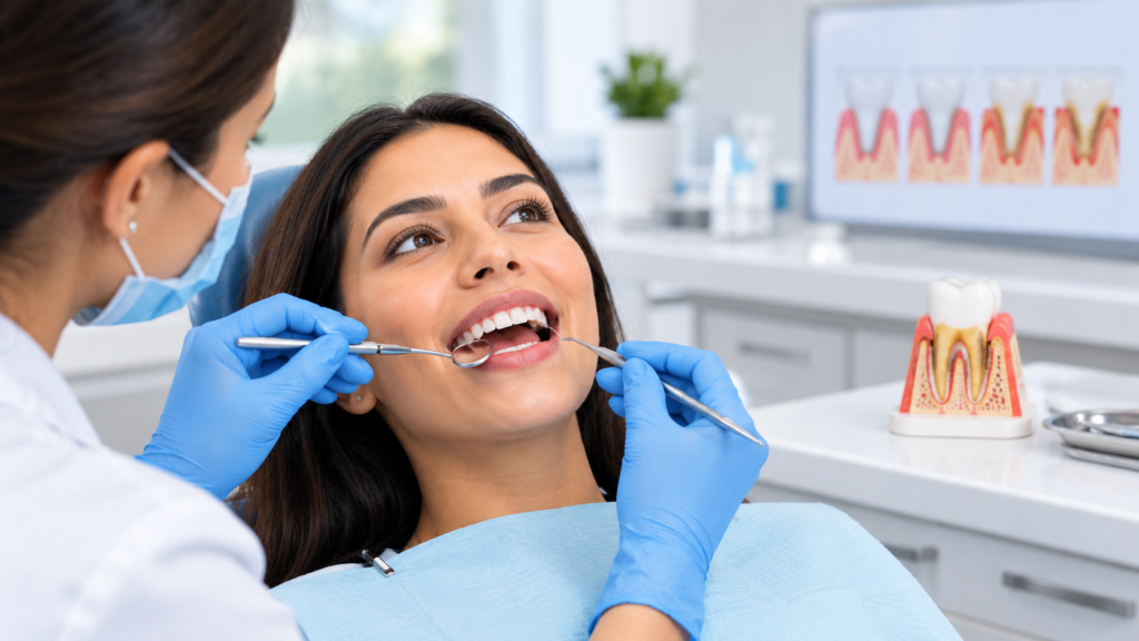 Close-up of gums and teeth illustrating gum health and gum disease symptoms.