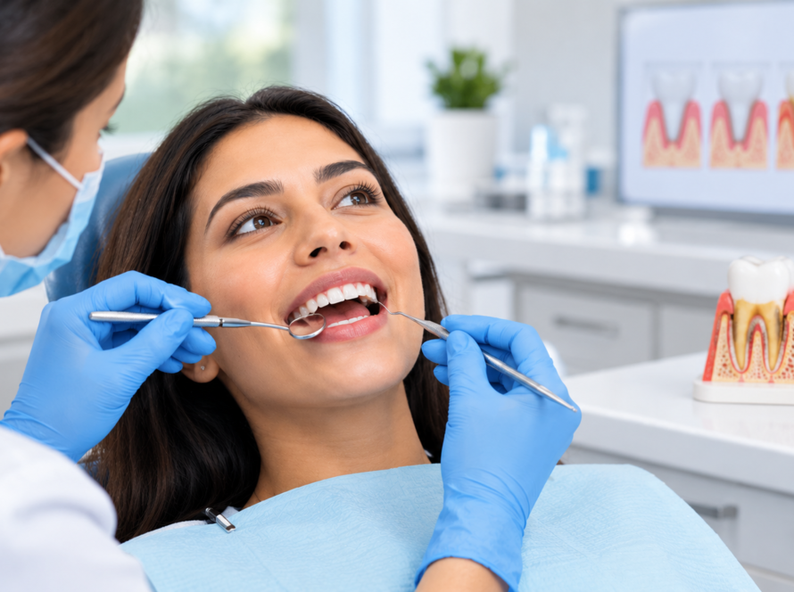 Close-up of gums and teeth illustrating gum health and gum disease symptoms.