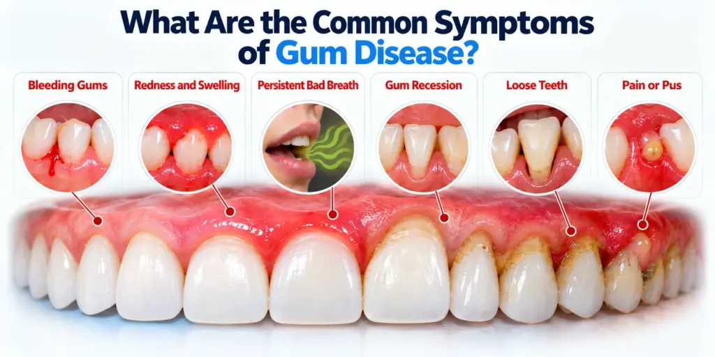 Common gum disease symptoms including bleeding gums, swelling, bad breath, gum recession and loose teeth